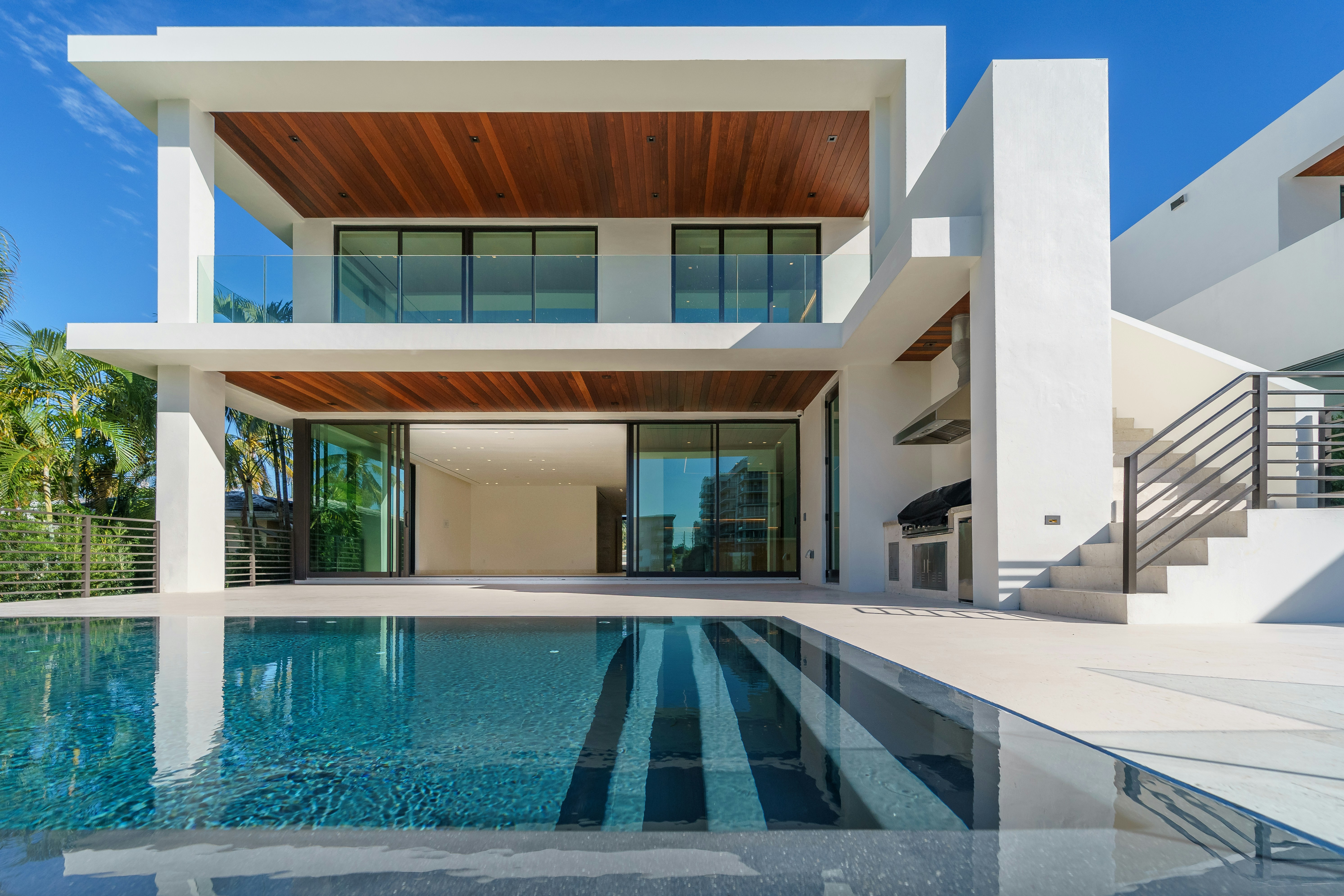 Modern luxury villa illuminated at night